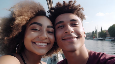 Portrait of happy young multiethnic couple smiling at camera.の素材
