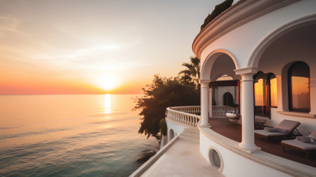 Beautiful luxury villa with sea view at sunset. Vintage filter effectの素材