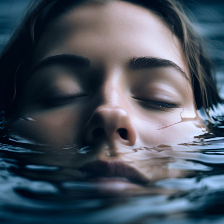 Closeup portrait of a young woman lying in the water with eyes closedの素材