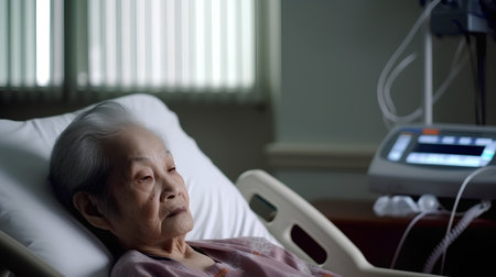 Elderly woman patient lying in hospital bed and looking at cameraの素材