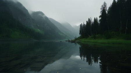 Mountain lake in the forest. Mountain lake in a fog.の素材