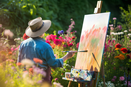 Male artist painting a picture in the garden on a sunny day.の素材
