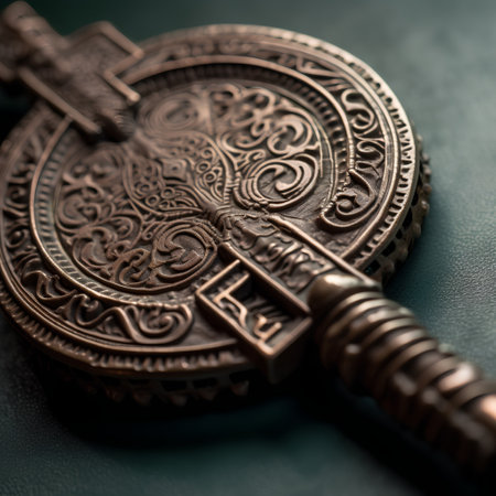 Antique metal key on a dark background close-up macro photographyの素材