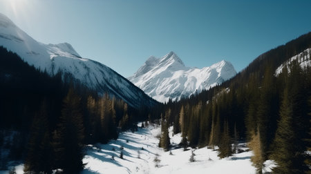 Beautiful winter landscape with snow-capped mountains and coniferous forestの素材
