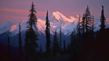 Mountains with coniferous forest at sunset, Alaska, USAの素材