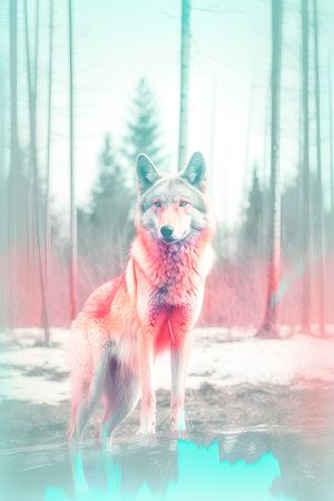 Red fox in the winter forest. Wildlife scene. Double exposure.の素材