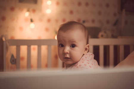 Portrait of a cute baby girl in the crib. Selective focus.の素材