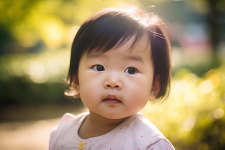 Cute asian baby girl in the park, shallow depth of fieldの素材