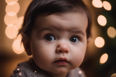 Portrait of a cute little girl with blue eyes on a bokeh backgroundの素材