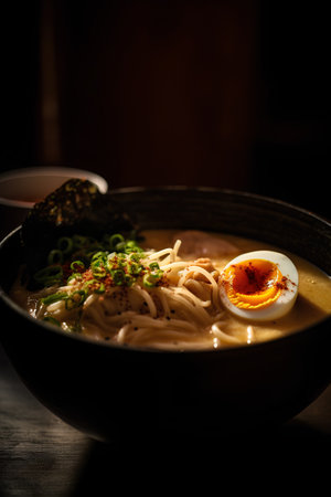 Japanese ramen noodle soup with egg on dark wooden background.の素材