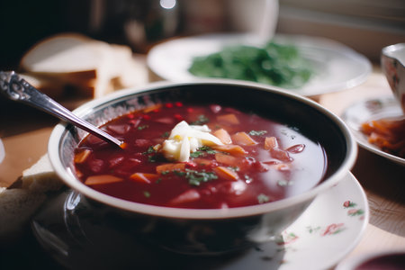 Traditional polish borscht soup served in a bowl with sour creamの素材