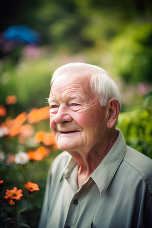 Portrait of happy senior man in the garden. Selective focus.の素材