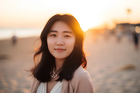 Portrait of a beautiful young asian woman standing on the beach at sunsetの素材