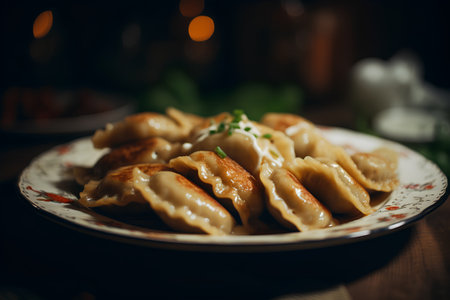 Fried dumplings served on a plate. Close-up.の素材