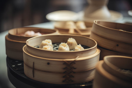 Dim sum in bamboo steamer, chinese cuisine, selective focusの素材