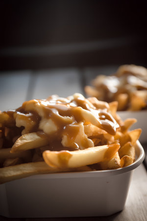French fries with sauce and mayonnaise. Selective focus.の素材