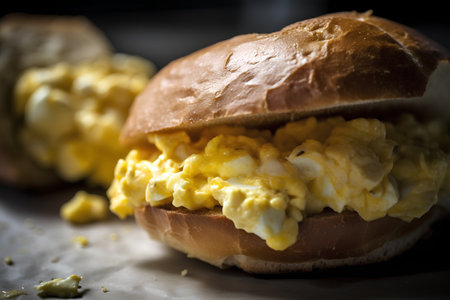 Scrambled eggs on a bun on a dark background. Toned.の素材