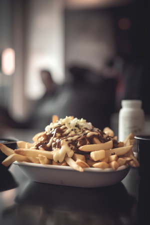 Golden French fries with sauce in a white plate on a wooden tableの素材