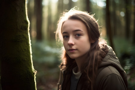 Portrait of a beautiful girl in the forest. Shallow depth of field.の素材
