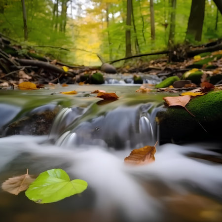 Waterfall in autumn forest with yellow leaves and rocks, horizontal pictureの素材