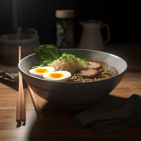 japanese ramen noodle soup with egg on wooden tableの素材