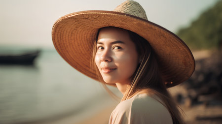 Portrait of a beautiful asian woman in hat on the beachの素材