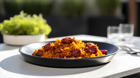 Pilaf with sausages in a plate on a tableの素材