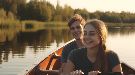 Happy young couple rowing in a boat on the lake at sunsetの素材