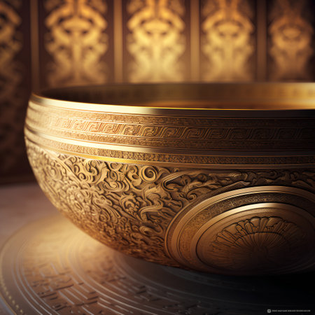3d illustration of a golden bowl with a pattern in the backgroundの素材