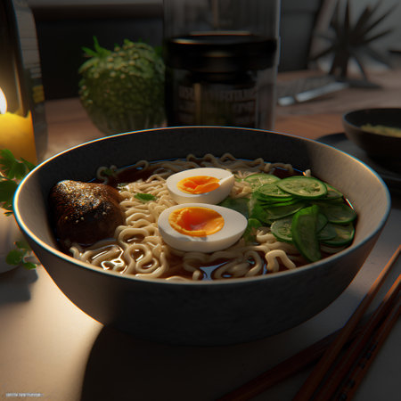 Ramen noodle soup with egg in bowl. 3d renderingの素材
