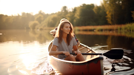 Young woman paddling a canoe on a lake at sunset. Active lifestyle.の素材