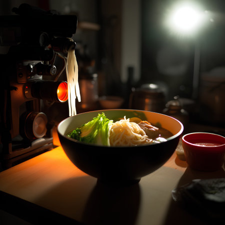 Ramen noodle soup in a bowl with chopsticks on the tableの素材
