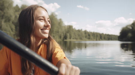 Portrait of a smiling young woman kayaking on a lake.の素材
