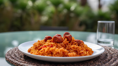 Plate of delicious pilaf with meat and tomato sauce on tableの素材