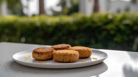 Fried fish cakes on a white plate on the table in the garden.の素材