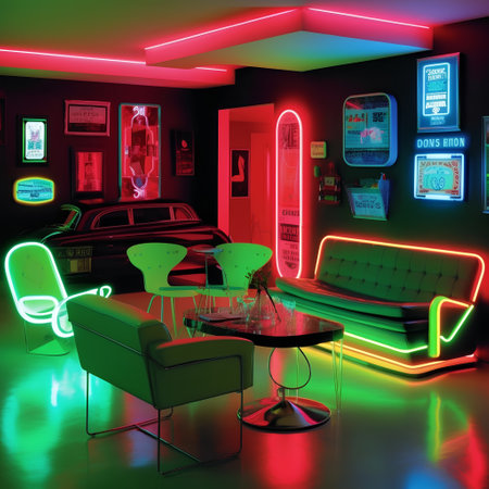 3D rendering of a night club interior with neon lights and a sofaの素材