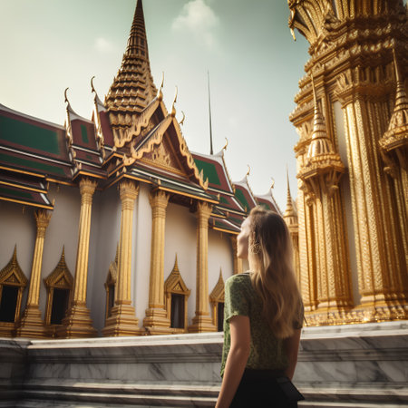 Thoughtful young woman in front of Grand Palace in Bangkok, Thailandの素材