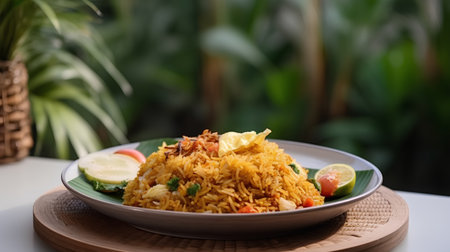 Fried rice with chicken and vegetables in a plate on the tableの素材