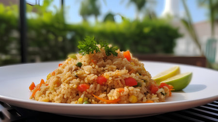Fried rice with vegetables and herbs on a white plate on the tableの素材