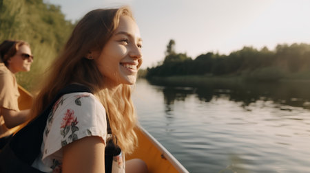 Happy young woman paddling a kayak on the river at sunsetの素材
