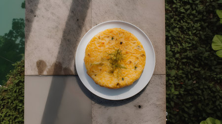 Top view of a plate of omelet with dill on the tableの素材