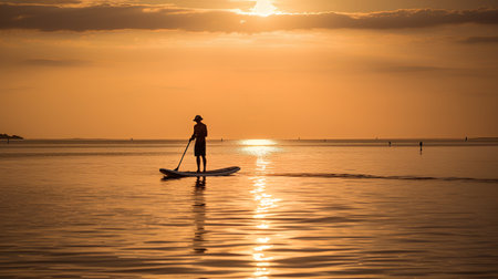 Silhouette of a woman on a stand up paddle board at sunsetの素材