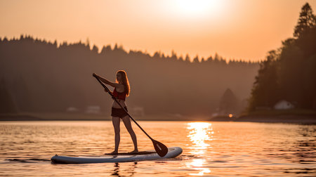 Young woman standing on stand up paddle board on lake at sunset.の素材