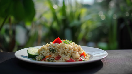 Plate of bulgur salad with tomato, cucumber and pepper on wooden tableの素材
