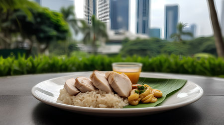 Hainanese chicken rice on a white plate with orange juice.の素材