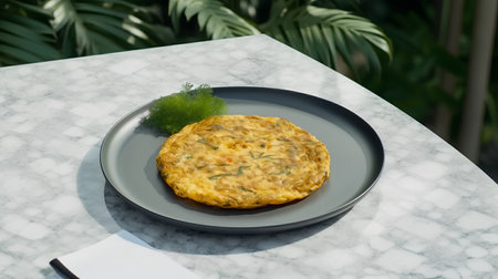 Tasty omelet with herbs on a white marble table.の素材