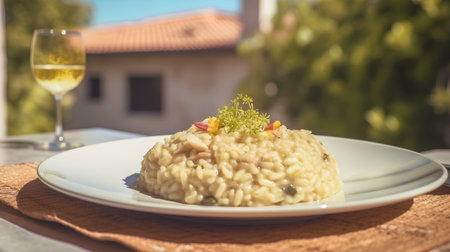 Risotto with parmesan cheese and vegetables on a white plateの素材