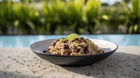 Rice with black beans and lime on the swimming pool background.の素材