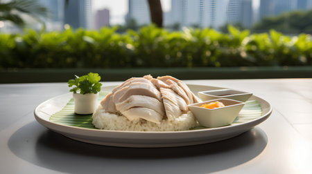 Hainanese chicken rice on the table with cityscape backgroundの素材