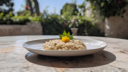 Risotto with wildflowers on a white plate in the gardenの素材